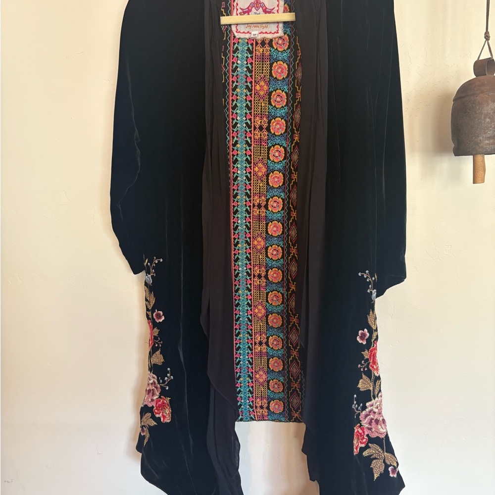 Johnny Was Embroidered Black Velvet Kimono with Floral Design